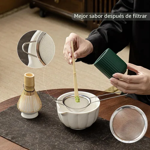 Vista 2 de Juego de batidor de matcha, juego de matcha incluye cuenco de cerámica para matcha, batidor de bambú, cuchara, soporte para Chasen, tamiz, kit