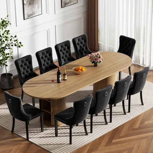 Vista 21 de Mesa de comedor extensible de madera de 63 a 94 pulgadas para 6-8-10 personas, mesa de cocina ovalada expandible con base de gabinete acanalada Mesa