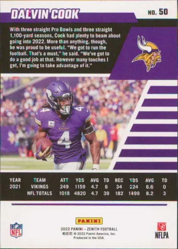 Vista 2 de 2022 Panini Zenith Retail #50 Dalvin Cook Minnesota Vikings Football Card - GotBaseballCards
