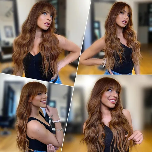 Vista 4 de Lativ Peluca castaña con flequillo para mujer, larga, ondulada, sintética Beginner Friendly,Natural Looking,Silky Smooth Texture,Heat Resistant