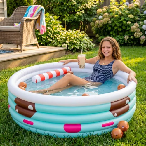 Vista 5 de Piscina inflable grande de 5.5FT Boba Tea Backyard Kiddie, resistente a Azul