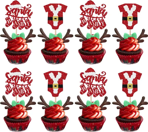 Vista 18 de Rsstarxi Paquete de 24 Adornos para Cupcakes Oh Baby de Navidad con Purpurina, Sombreros de Navidad, Palillos para Cupcakes de Baby Shower para Baby
