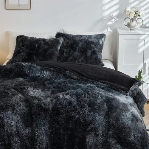 Vista 5 de Wajade Juego de edredón de felpa de pelo sintético teñido anudado negro, juego de ropa de cama mullido y peludo, juego de edredón de microfibra