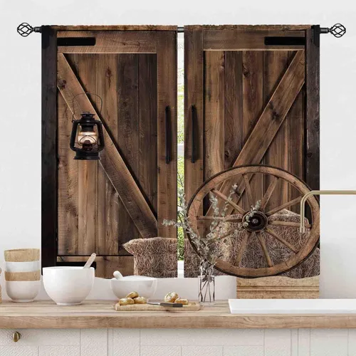 Vista 3 de Cortinas de puerta de granero, cortinas de madera rústica de granja, cabina de madera, tablón de madera, puerta de garaje de madera de granero