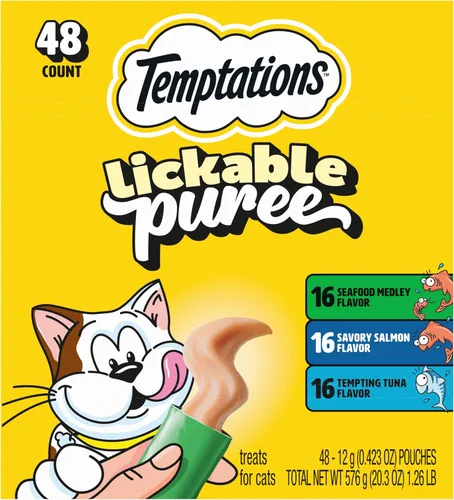 Vista 23 de Temptations Creamy Puree Golosinas Húmedas Exprimibles Lamibles para Gatos con Hígado de Res, Tubos de 0.42 oz., 4 Unidades, Paquete de 11 (44 Total)