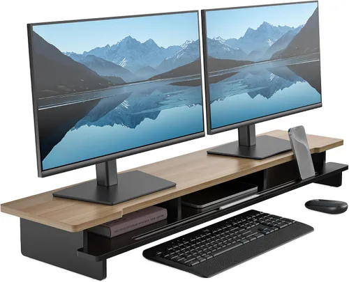 Vista 12 de Soporte elevador de monitor para escritorio, estante de escritorio de madera, organizador de almacenamiento con soporte para teléfono y tableta