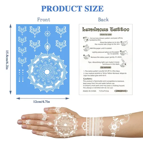 Vista 3 de Konsait 8 hojas de tatuajes luminosos temporales para mujeres y niñas, tatuajes temporales luminosos para mujeres, tatuajes de luz negra que brillan