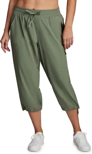 Vista 4 de RBX Active - Pantalón capri de talla grande con cordón, ligero, tejido elástico y estilo cargo, para mujer Albahaca