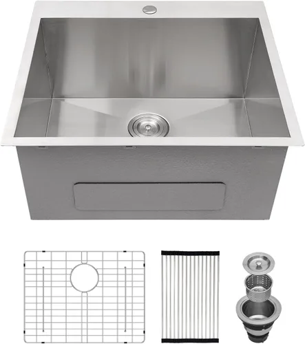 Vista 12 de Fregadero de cocina de 25 pulgadas, fregadero de un solo cuenco, color negro mate, calibre 18, 25 x 22 pulgadas, acero inoxidable, montaje superior