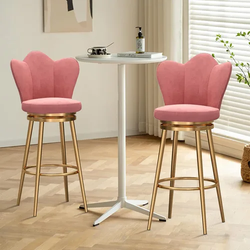 Vista 2 de Juego de 4 taburetes giratorios de terciopelo rosa, modernos taburetes tapizados de altura de mostrador con respaldo para isla de cocina, sillas