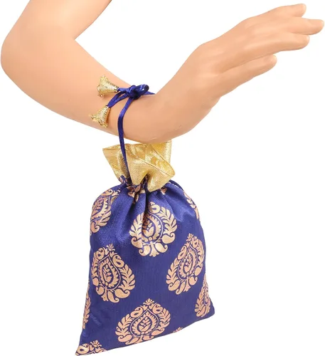 Vista 4 de Touchstone Bolsas de cordón tradicionales indias hechas a mano en tejido brocado con patrón de hojas de ficus. Perfecto para regalos, joyas, bodas