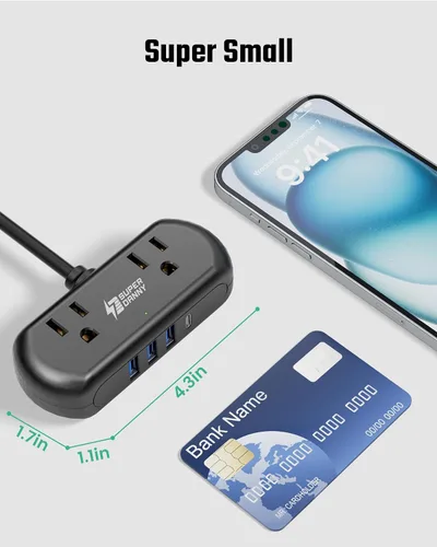 Vista 2 de SUPERDANNY - Cable de extensión de 2 pies, mini protector de sobretensiones con 2 tomas de corriente espaciadas amplias, tira de alimentación USB, 3