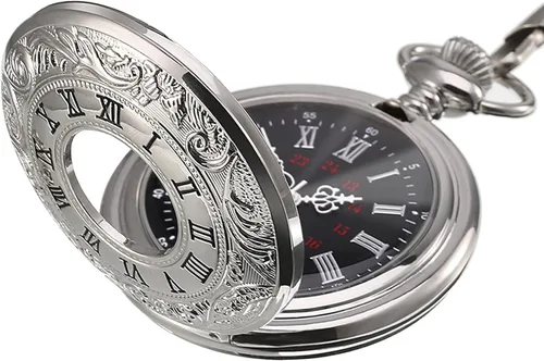 Vista 9 de Reloj de bolsillo vintage de acero para hombre con cadena, Negro