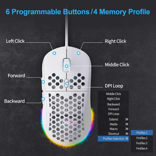 Vista 3 de TMKB Falcon M1SE - Mouse ultraligero para juegos de panal de abeja, sensor óptico de alta precisión de 12800 DPI, 6 botones programables, RGB