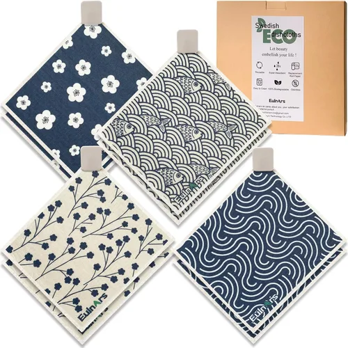 Vista 16 de Eulnars - Toallas de papel reutilizables, paquete de 8 paños de cocina suecos con 3 clips, negro y blanco, algodón, 200 lavados Negro Blanco