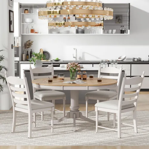 Vista 15 de Farmhouse - Juego de mesa de comedor de 5 piezas, mesa de comedor redonda extensible con 4 cómodas sillas tapizadas, juego de muebles funcionales