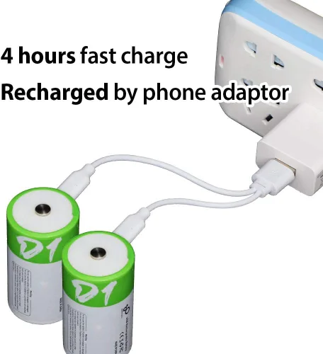 Vista 5 de Baterías D recargables de 1.5 V, 12000 mWh, batería recargable D de iones de litio USB con cable de carga USB tipo C, carga rápida de alta