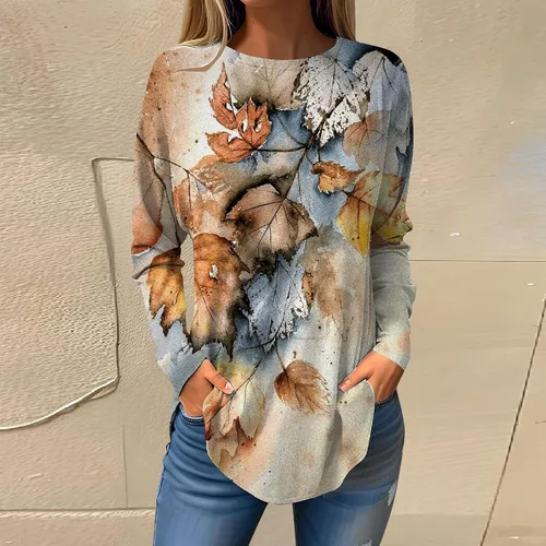 Vista 2 de Blusa de otoño para mujer, de manga larga, cuello redondo, para invierno, étnico, floral, ajuste holgado, sudadera de moda