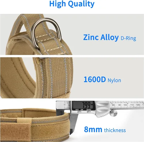 Vista 6 de Collar táctico reflectante para perro, ajustable para entrenamiento y servicio, collar de perro K9 con hebilla de metal resistente de nailon militar