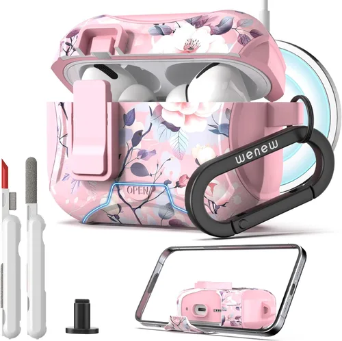 Vista 11 de wenew Funda compatible con AirPods Pro de 2ª/1ª generación con soporte para teléfono, limpiador, clip, compatible con Magsafe, funda de carga