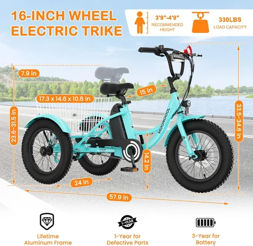 Vista 6 de MOPHOTO Triciclo eléctrico de 16 pulgadas para jóvenes, bicicleta eléctrica Menta cool