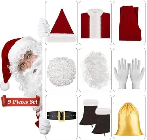 Vista 6 de Disfraz de Papá Noel de franela de lujo para adultos, traje completo de Navidad, Halloween, disfraz de Papá Noel para hombres, vino