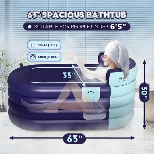 Vista 2 de Bañera inflable para adultos de 63 pulgadas con bomba de aire inalámbrica, ideal para baño de hielo caliente, diseño de drenaje rápido con manguera