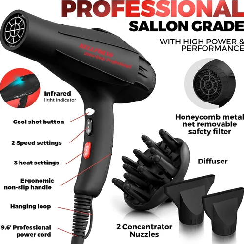 Vista 4 de Secador de pelo profesional de 2200W con difusor para cabello rizado y ondulado natural, secador de pelo iónico negativo de bajo ruido con difusor