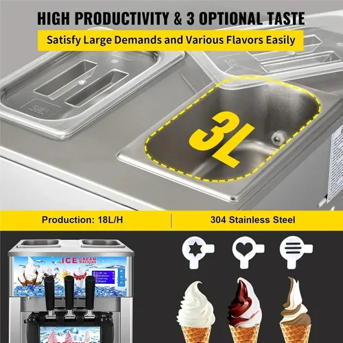 Vista 5 de Máquina de helado comercial con 3 sabores, fabricante de yogur, pantalla LCD, limpieza con un solo clic, 18L/H Soft Serve Ice Maker
