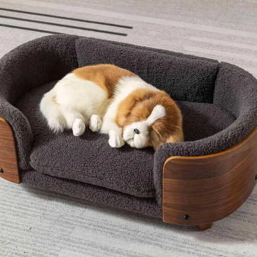 Vista 2 de Sofá cama elevado para mascotas con patas de madera maciza, respaldo de madera doblada y cojín de cachemira, muebles de lujo para mascotas