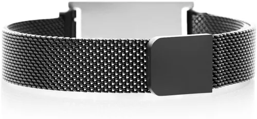 Vista 5 de Pulseras de alerta médica para hombres, cómoda banda de malla de acero inoxidable negra, placa de identificación grabada a medida de mantarraya