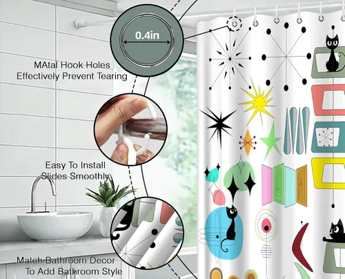 Vista 8 de Mid Century Modern Shower Curtain Black Cat Retro Atomic Sputnik Boomerangs Abstract Geometric Iconic 50s 60s Vintage Aesthetics Art Polyester