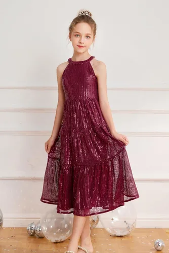 Vista 2 de GRACE KARIN Vestido de lentejuelas para niñas 2024, elegante, lindo, vestido largo de fiesta para niñas de 5 a 14 años