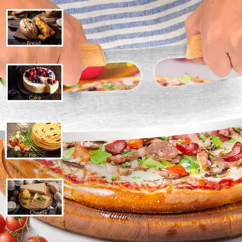 Vista 5 de Cortador de pizza, cortador de pizza, cuchillo de pizza de 14 pulgadas con asas de madera y cubierta de plástico, accesorios para pizza, cuchillo