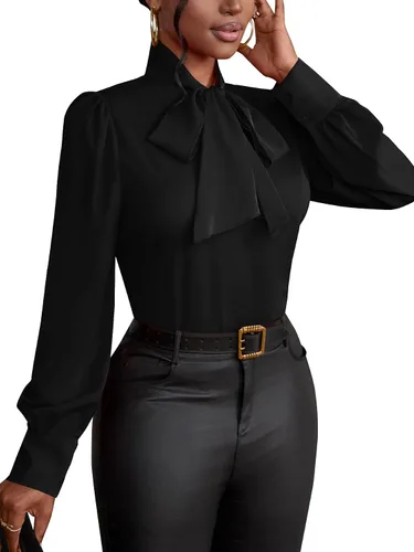 Vista 4 de Vrtige Camisa de mujer elegante con cuello de lazo, manga larga, blusa para la oficina