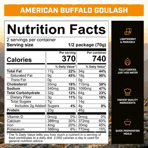 Vista 2 de Goulash de búfalo americano 45g protein, 740 calories, ground bison goulash, 2 servings, 4.94 oz pouch, 6 oz water, ready in 10 minutes, made in