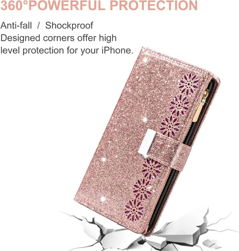 Vista 6 de Funda de teléfono para Huawei P30 Lite/Nova 4E con protector de pantalla de vidrio templado y correa para la muñeca Bling Glitter Flip Zipper