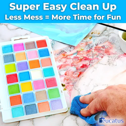 Vista 2 de Juego de acuarela de 28 colores brillantes no tóxicos de fácil limpieza con pincel. La pintura brillante lavable es divertida, brillante y de secado