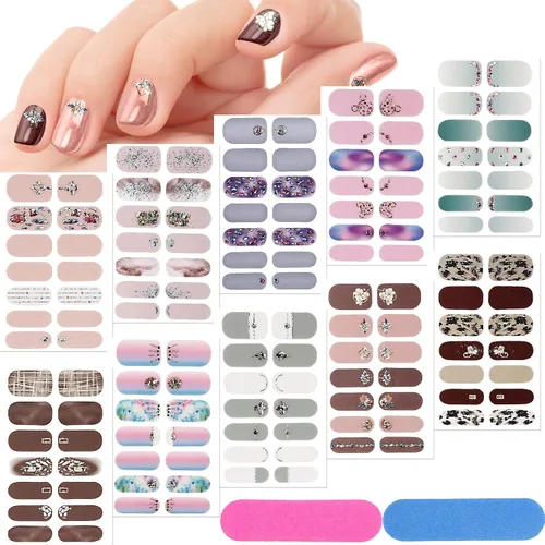 Vista 9 de 140 piezas, 10 hojas de calcomanías de uñas de envoltura completa, tiras de esmalte con degradado, calcomanías autoadhesivas con purpurina, tiras