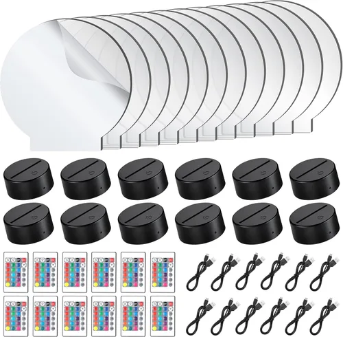 Vista 8 de 12 piezas de láminas acrílicas transparentes y 12 piezas de base de lámpara LED nocturna 3D con control remoto y cable USB, juego de base de lámpara