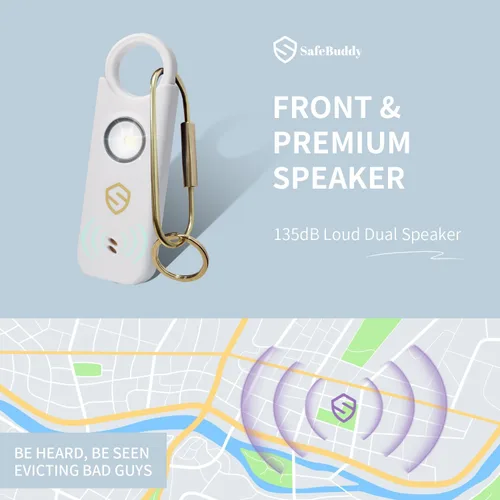 Vista 4 de Alarma personal para mujer, diseñada por mujeres, alarma de altavoces dobles extra fuertes con luz estroboscópica, recargable, alarmas personales