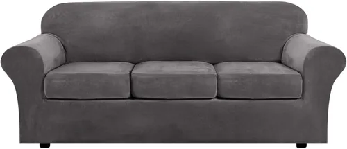 Vista 2 de H.VERSAILTEX 4 fundas elásticas para sofá de 3 cojines (gris) Paquete de 1 funda de terciopelo para sillas reclinables (gris)