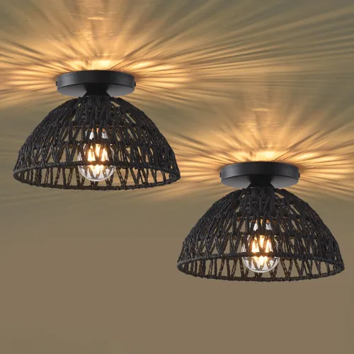 Vista 14 de 1 paquete de lámparas de granja para montaje en techo, mini lámpara de techo de ratán bohemio semiempotrada, accesorios de luz de pasillo tejidos a