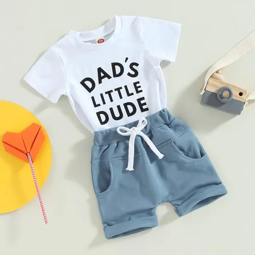 Vista 58 de Conjunto de traje de verano para bebé niño pequeño, manga corta, cuello redondo, letras impresas, lindo traje de verano, conjunto de 2 piezas