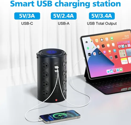 Vista 5 de Regleta de alimentación con protector de sobretensiones de torre (16 salidas de CA + 5 puertos USB incluyendo 2 tipos C), cable de extensión de 5