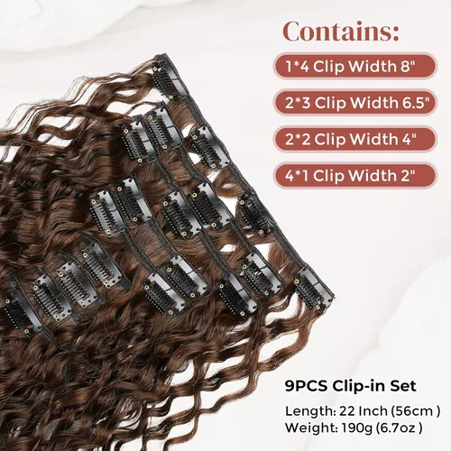 Vista 2 de LONAI Extensión de Cabello, 9 piezas, 56 cm de largo, castaño, extensiones de cabello rizadas con pinza, LN002, extensiones de cabello sintético