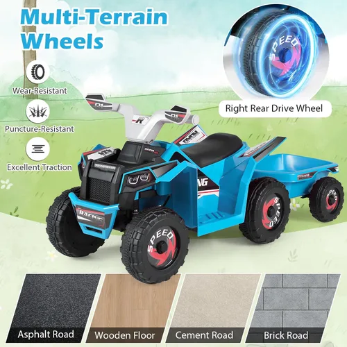 Vista 8 de Costzon Juguete ATV 2 en 1 6V para niños pequeños (con remolque, azul)