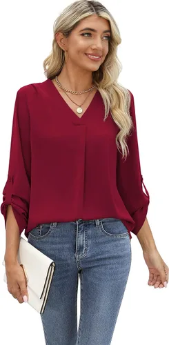 Vista 5 de QUEZHU Blusas de manga 34 para mujer, estilo casual, elegante, de gasa, cuello en V, blusas