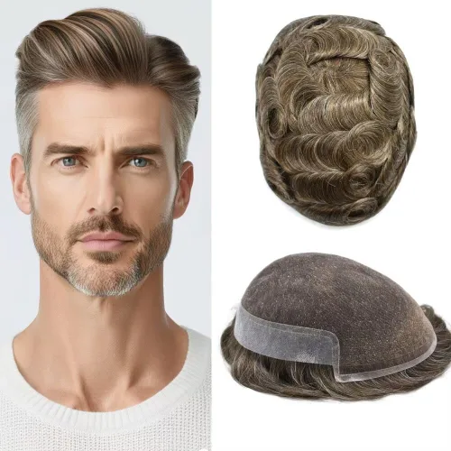 Vista 9 de FACE MIRACLE - Tupé de encaje frontal francés para hombres, postizos, sistemas de reemplazo de cabello humano con PU para hombre, prótesis