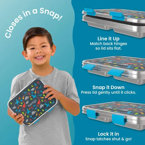 Vista 5 de Bentgo Kids Prints - Lonchera de acero inoxidable con 3 compartimentos Recipiente de silicona para niños de más de 3 años, duradero, sin olor